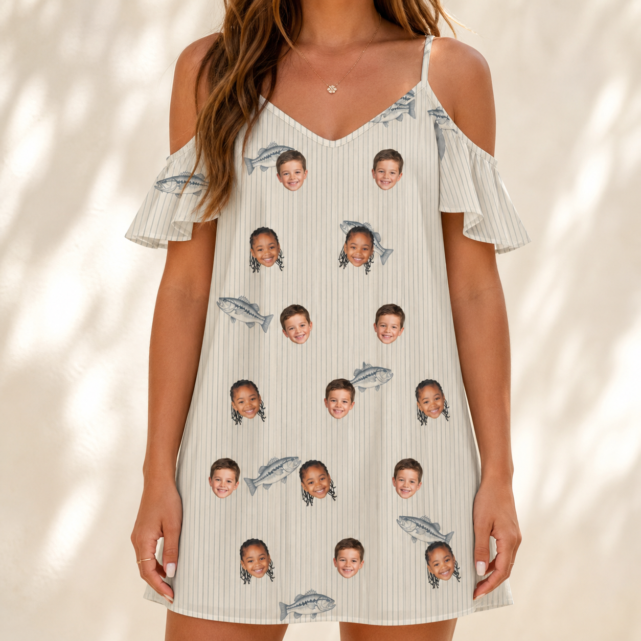 Model wearing Women's Lunker Lunacy Custom Face Off-Shoulder Dress printed with kids' faces