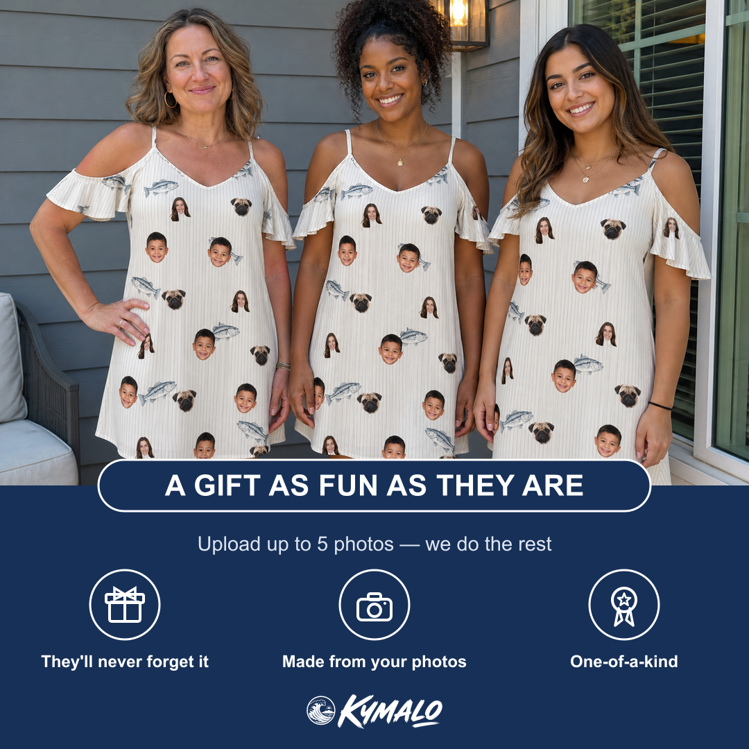 Friends in matching Women's Lunker Lunacy Custom Face Off-Shoulder Dress — a group gift photo