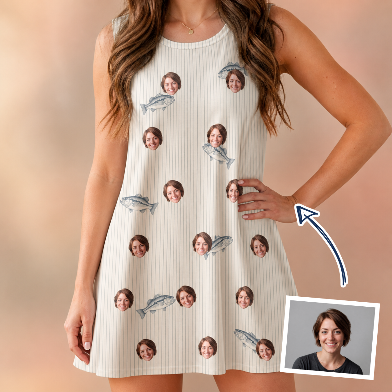 Woman wearing Women's Lunker Lunacy Custom Face Tank Dress — custom faces printed all-over