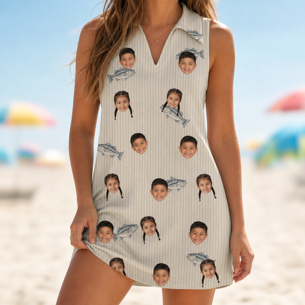 Model wearing Women's Lunker Lunacy Custom Face V-Neck Dress printed with kids' faces