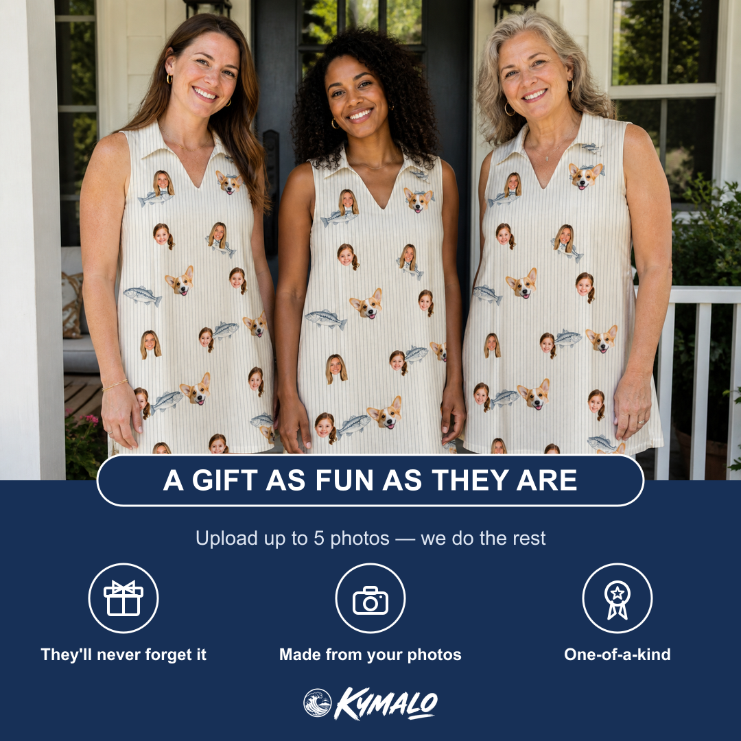Friends in matching Women's Lunker Lunacy Custom Face V-Neck Dress — a group gift photo