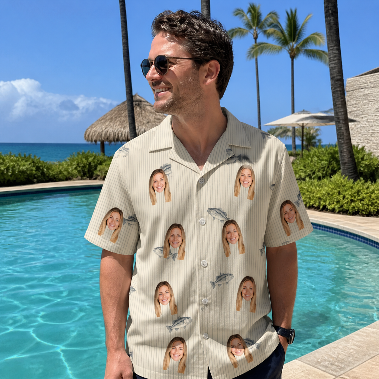Real-life photo of someone wearing Men's Lunker Lunacy Custom Face Hawaiian Shirt — custom faces printed all-over