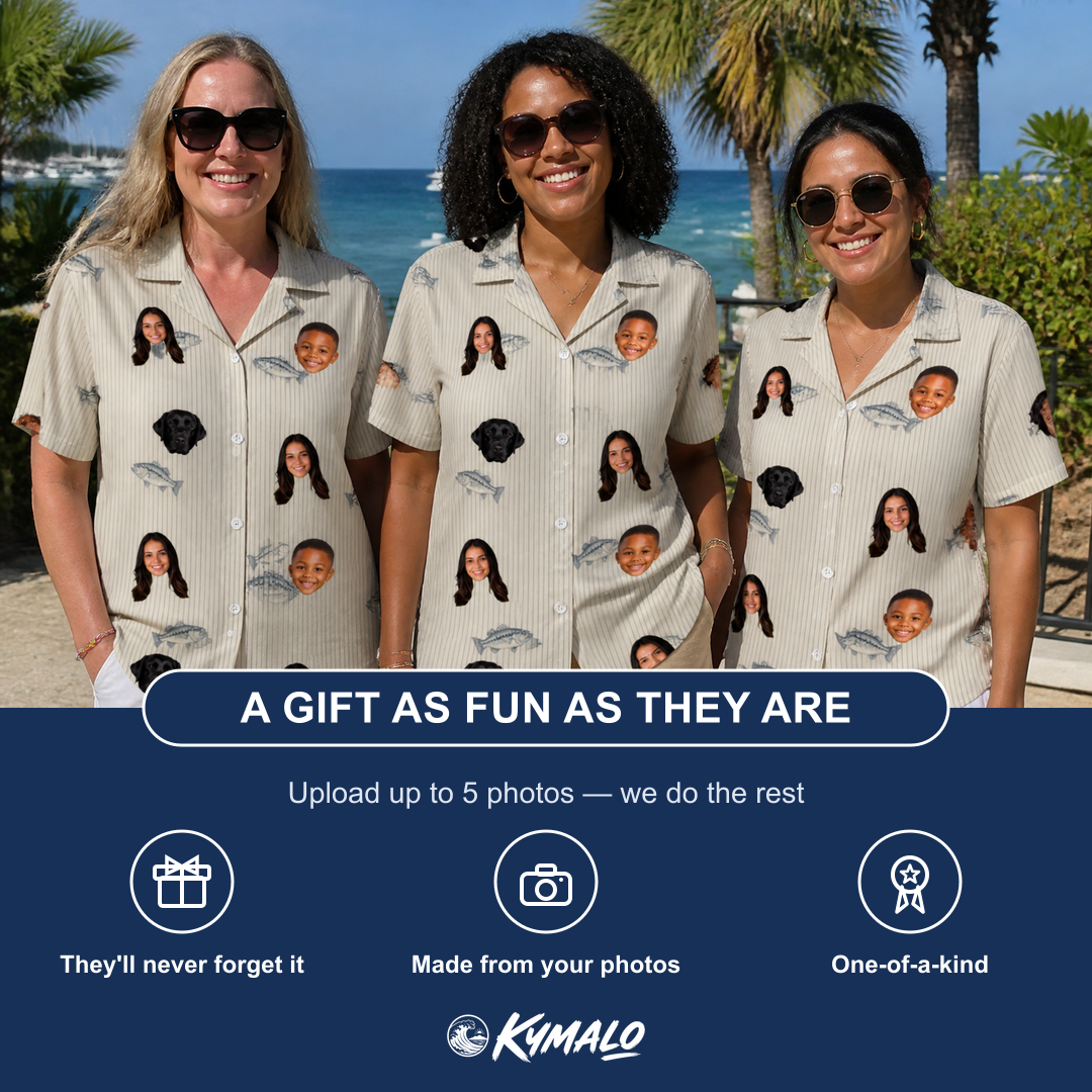 Friends in matching Women's Lunker Lunacy Custom Face Hawaiian Shirt — a group gift photo
