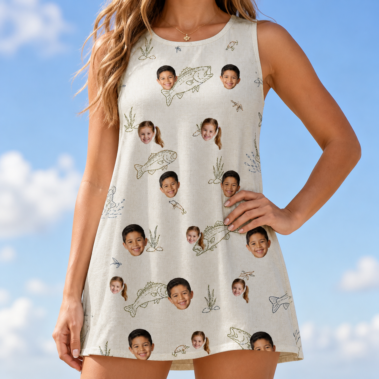 Model wearing Women's Bass Bash Custom Face Tank Dress printed with kids' faces