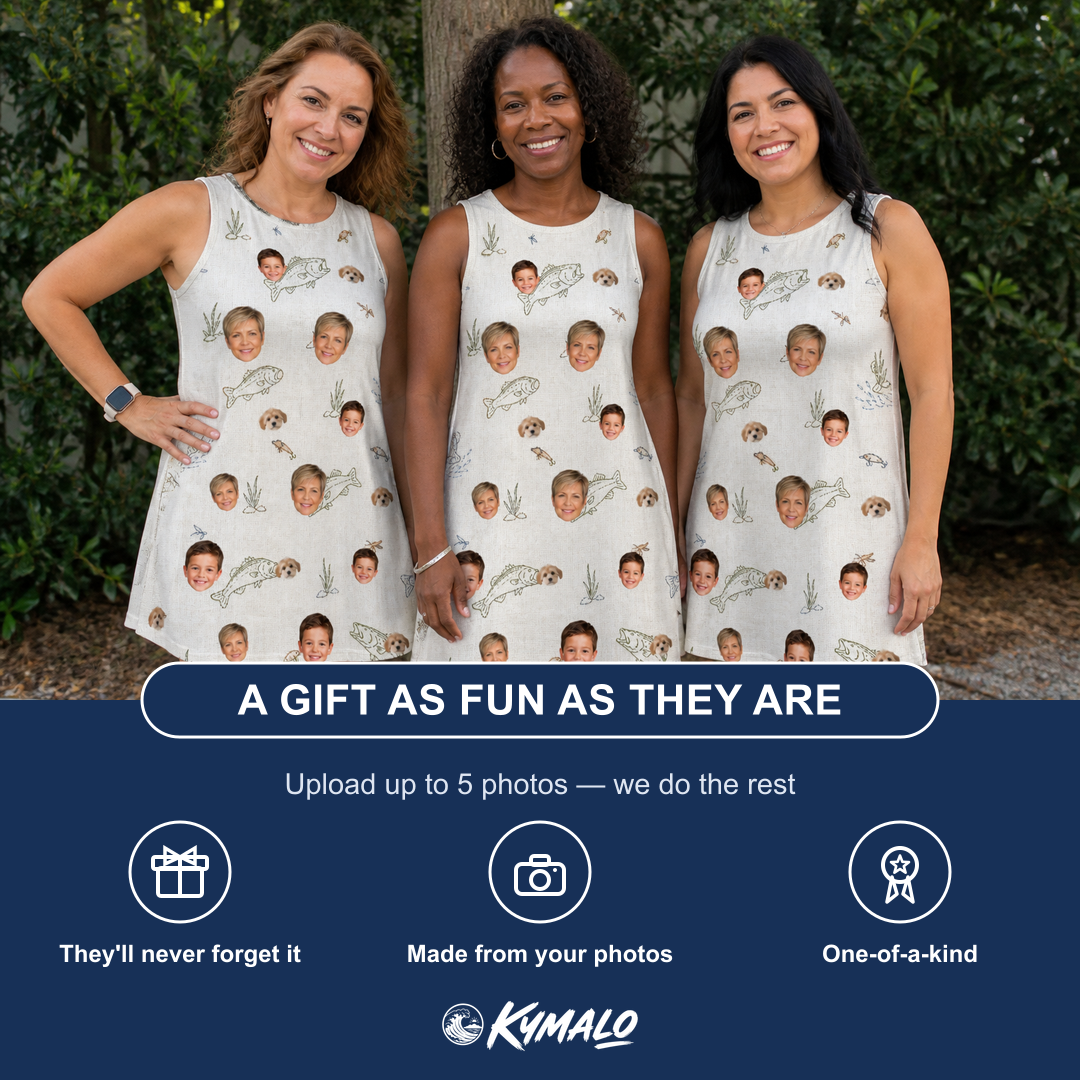 Friends in matching Women's Bass Bash Custom Face Tank Dress — a group gift photo