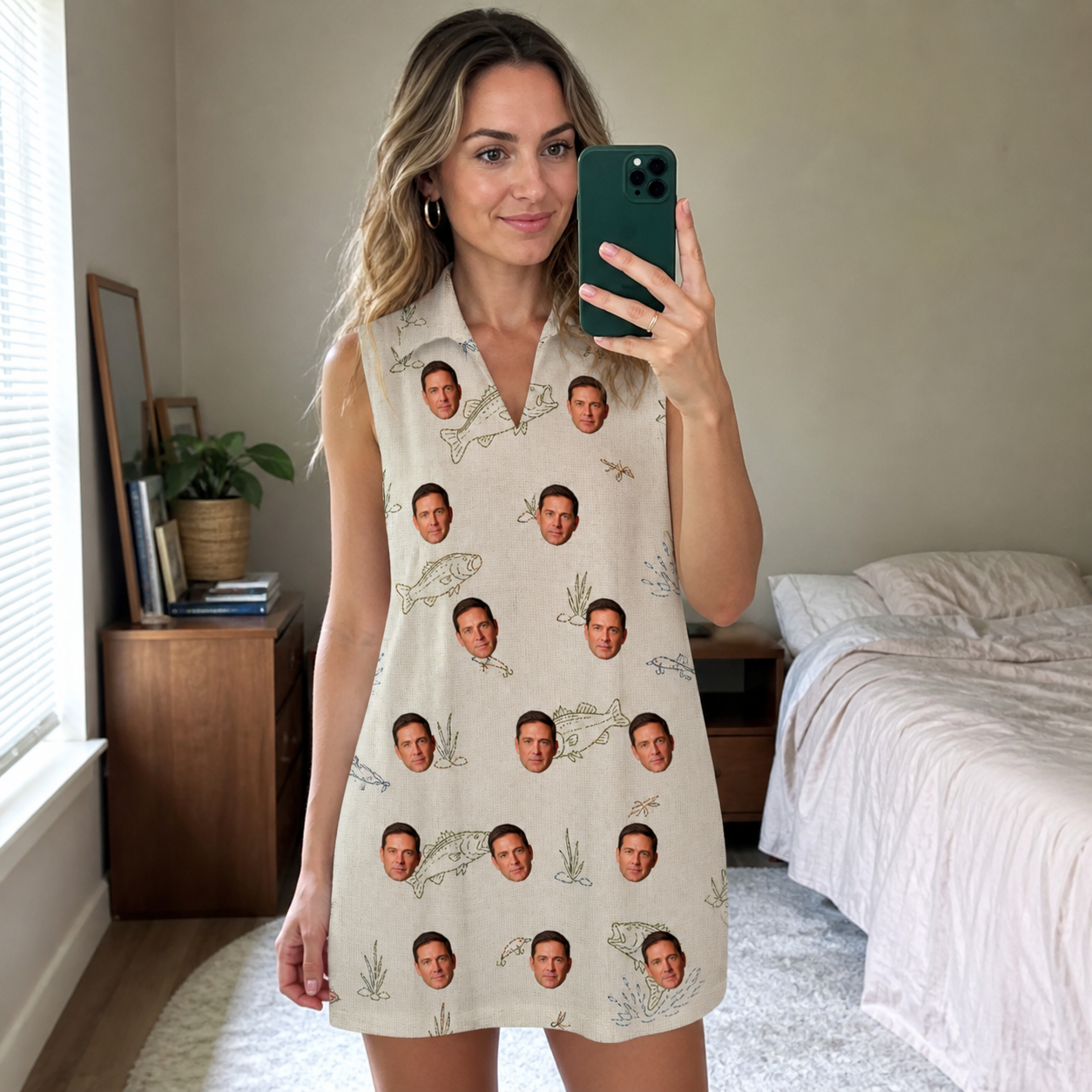 Real-life photo of someone wearing Women's Bass Bash Custom Face V-Neck Dress — custom faces printed all-over