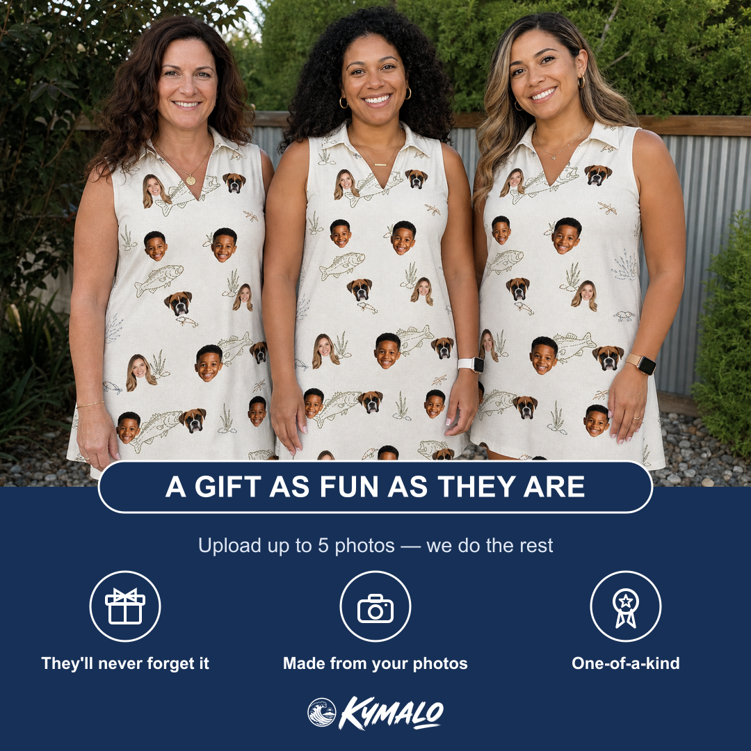 Friends in matching Women's Bass Bash Custom Face V-Neck Dress — a group gift photo