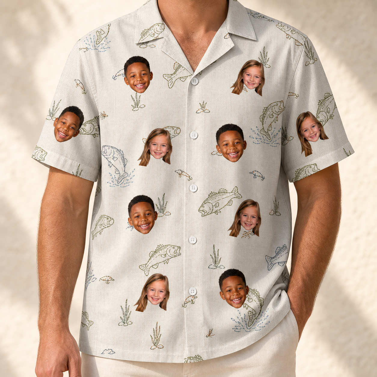 Model wearing Men's Bass Bash Custom Face Hawaiian Shirt printed with kids' faces