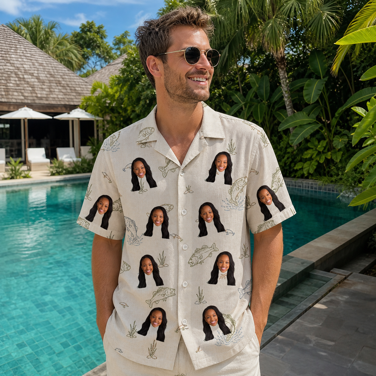 Real-life photo of someone wearing Men's Bass Bash Custom Face Hawaiian Shirt — custom faces printed all-over
