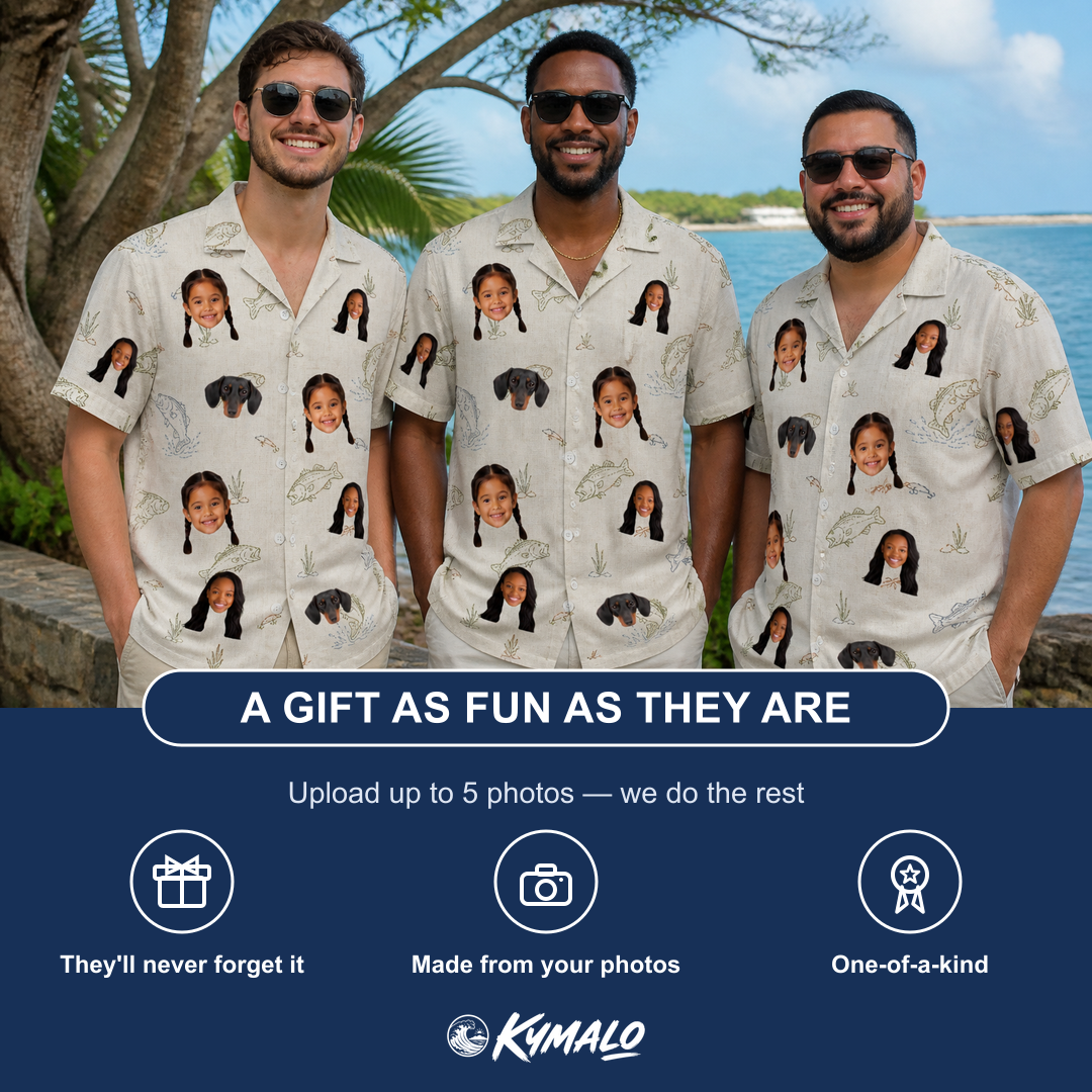 Friends in matching Men's Bass Bash Custom Face Hawaiian Shirt — a group gift photo