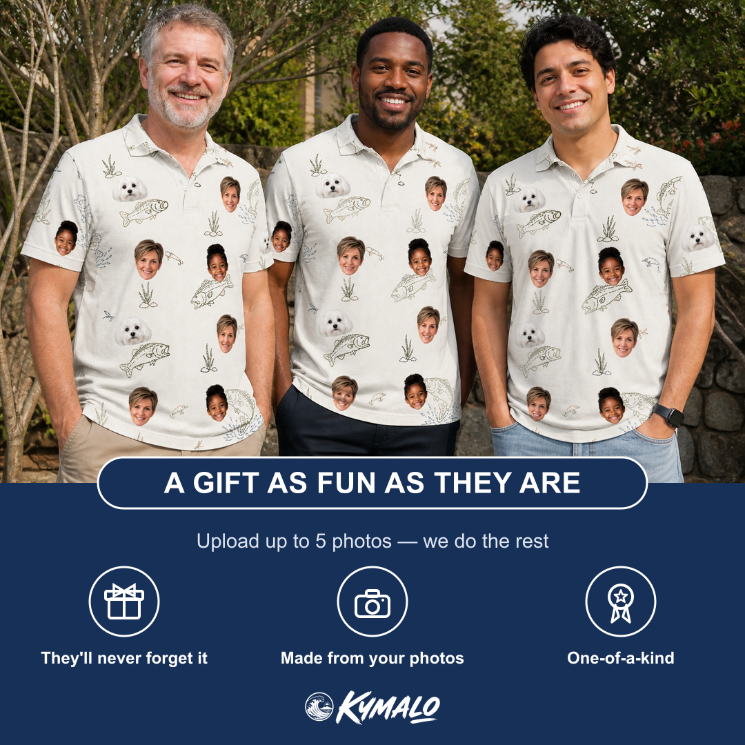 Friends in matching Men's Bass Bash Custom Face Polo Shirt — a group gift photo