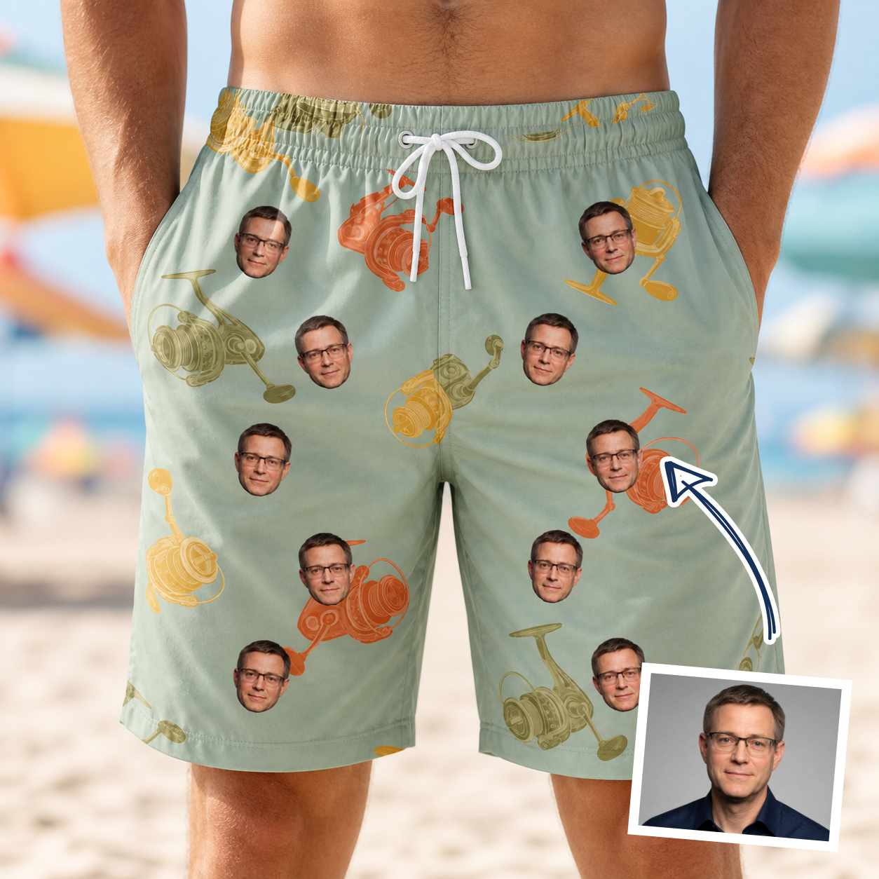 Man wearing Men's Bait Ballet Custom Face Beach Shorts — custom faces printed all-over