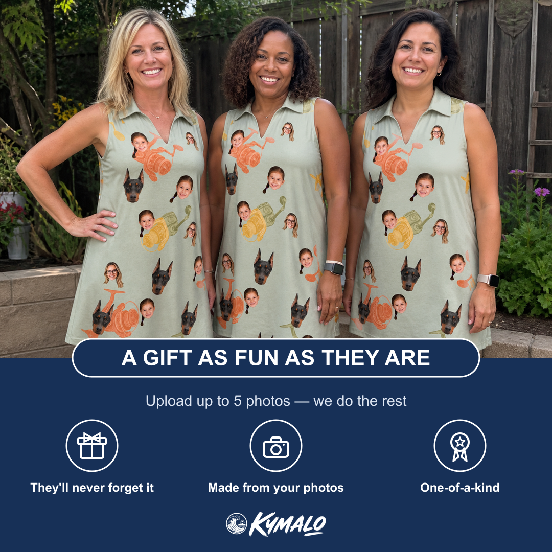Friends in matching Women's Bait Ballet Custom Face V-Neck Dress — a group gift photo