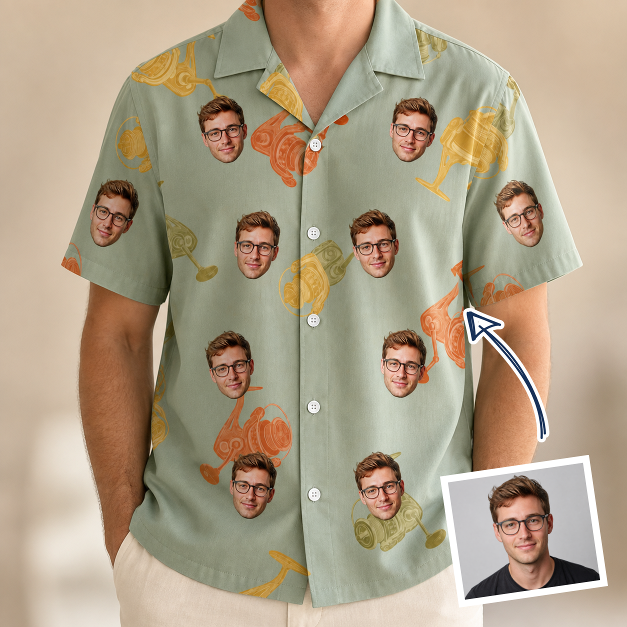 Man wearing Men's Bait Ballet Custom Face Hawaiian Shirt — custom faces printed all-over