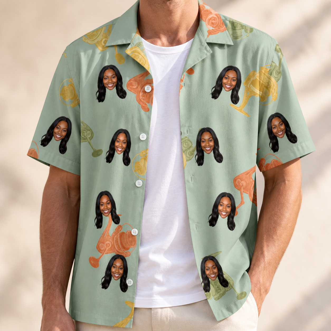 Man wearing Men's Bait Ballet Custom Face Hawaiian Shirt open over a white tee
