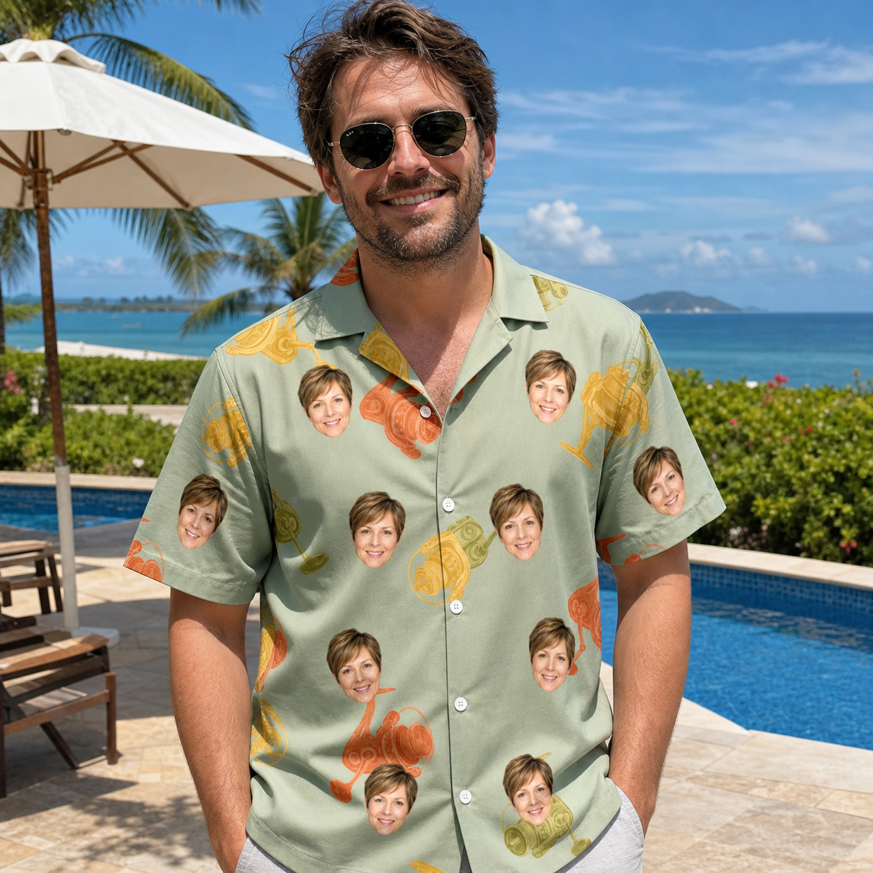 Real-life photo of someone wearing Men's Bait Ballet Custom Face Hawaiian Shirt — custom faces printed all-over