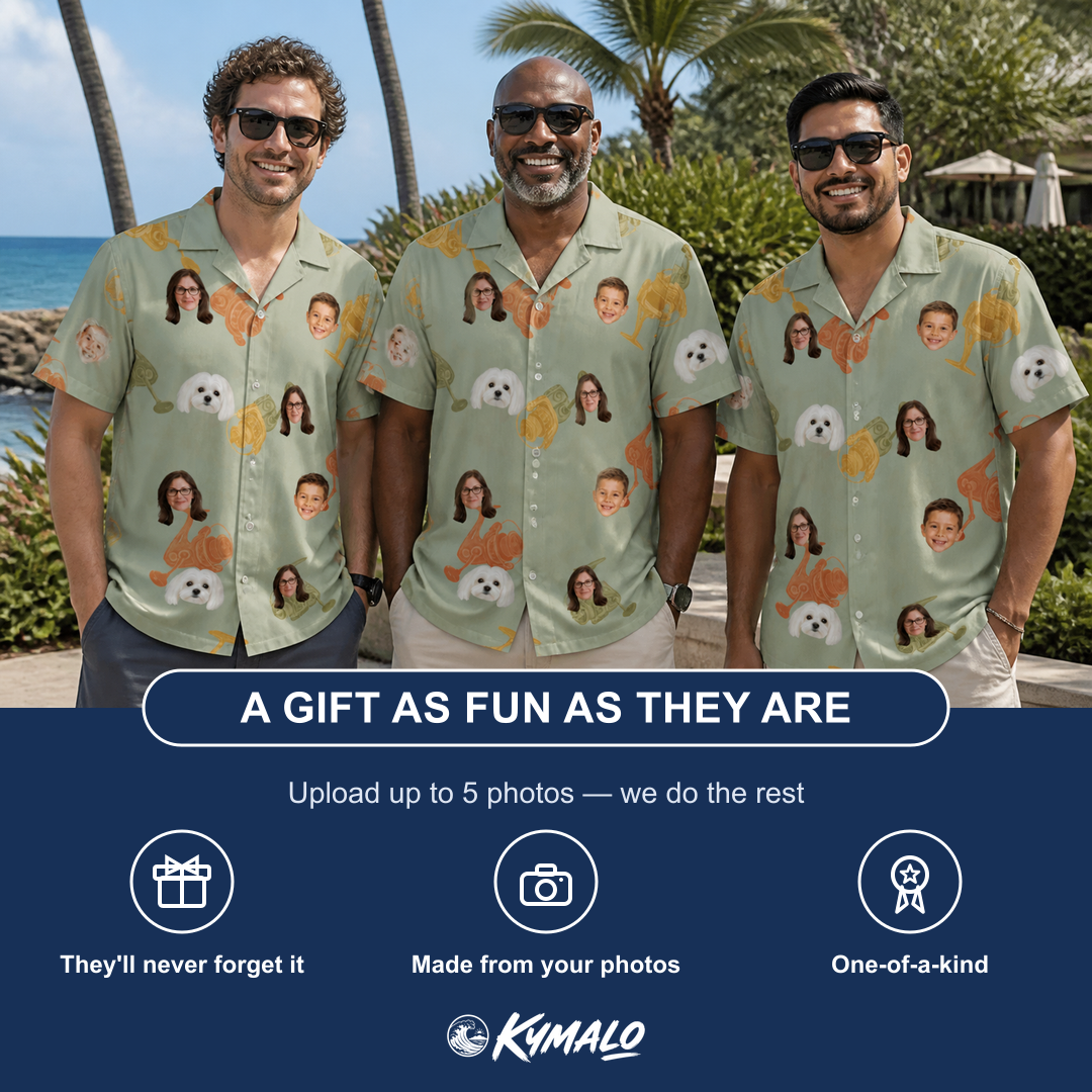 Friends in matching Men's Bait Ballet Custom Face Hawaiian Shirt — a group gift photo