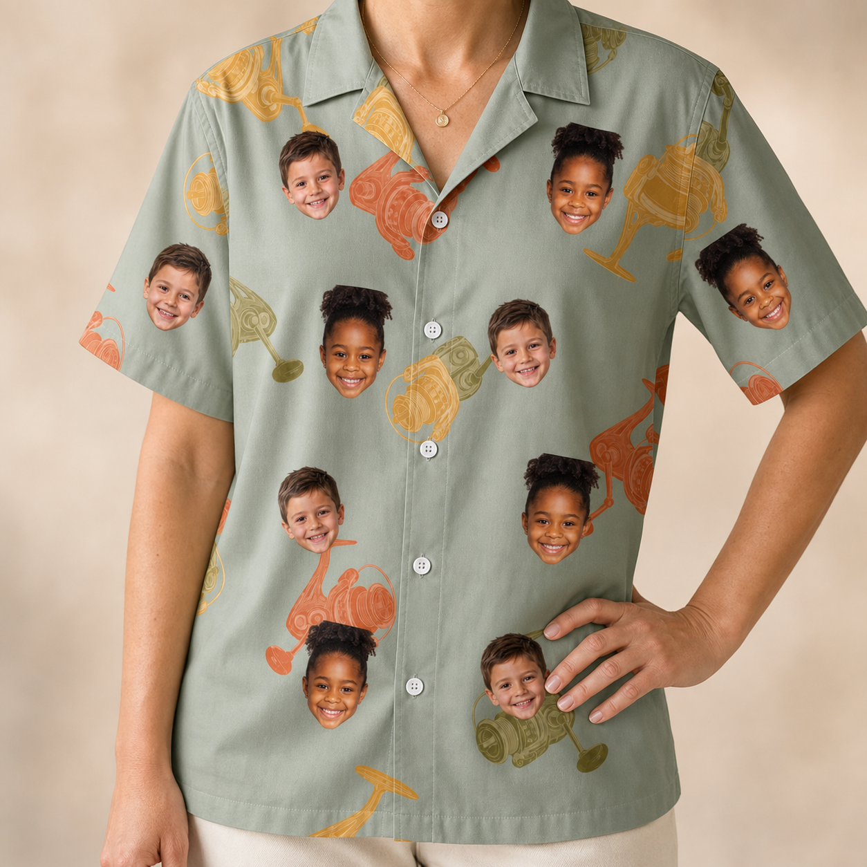 Model wearing Women's Bait Ballet Custom Face Hawaiian Shirt printed with kids' faces
