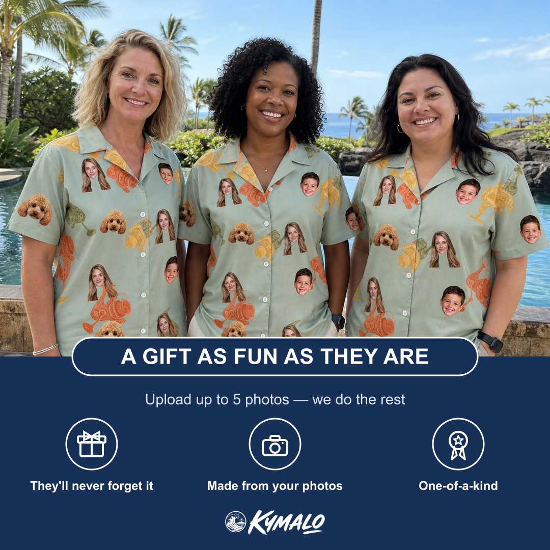 Friends in matching Women's Bait Ballet Custom Face Hawaiian Shirt — a group gift photo