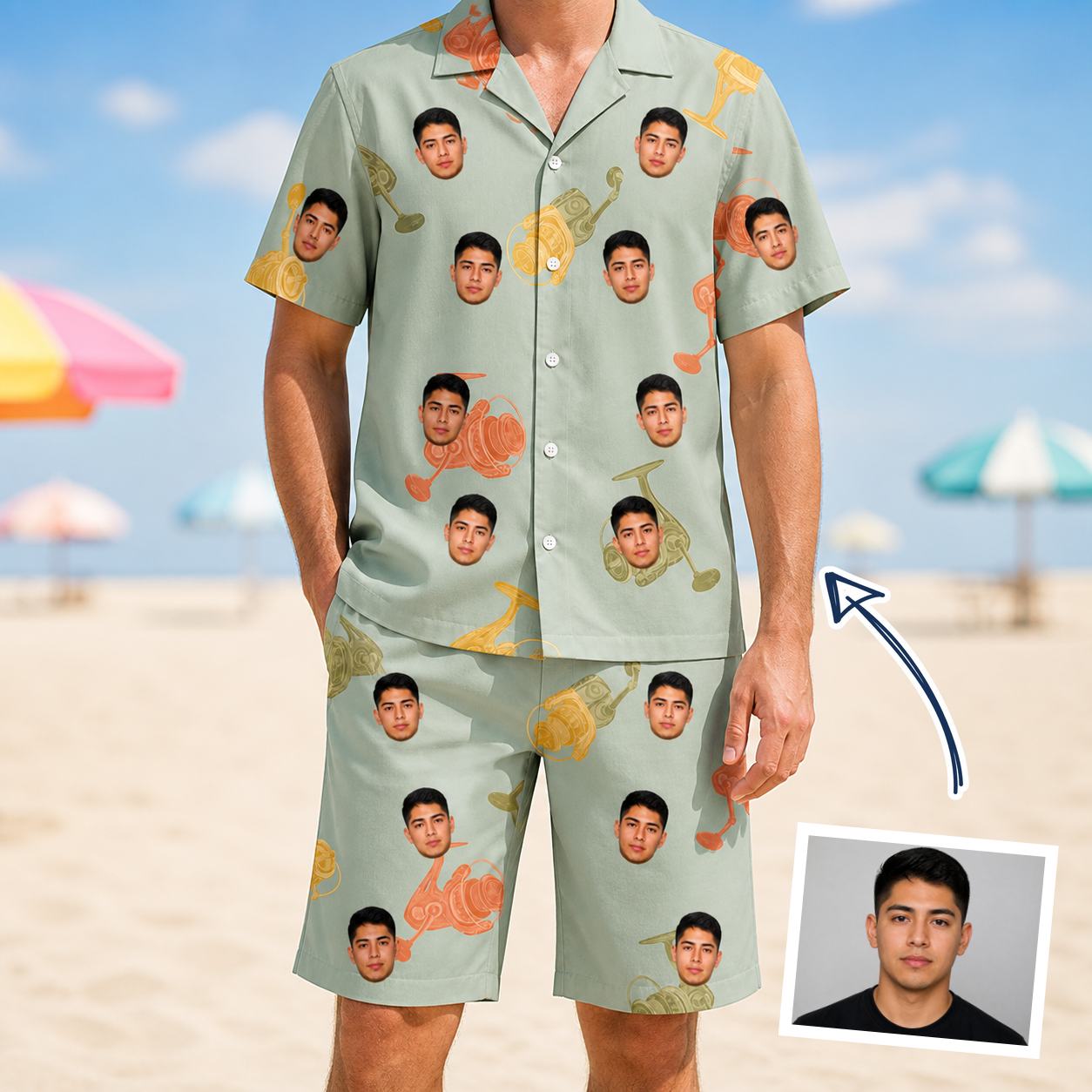 Man wearing Men's Bait Ballet Custom Face Shirt & Shorts Set — custom faces printed all-over