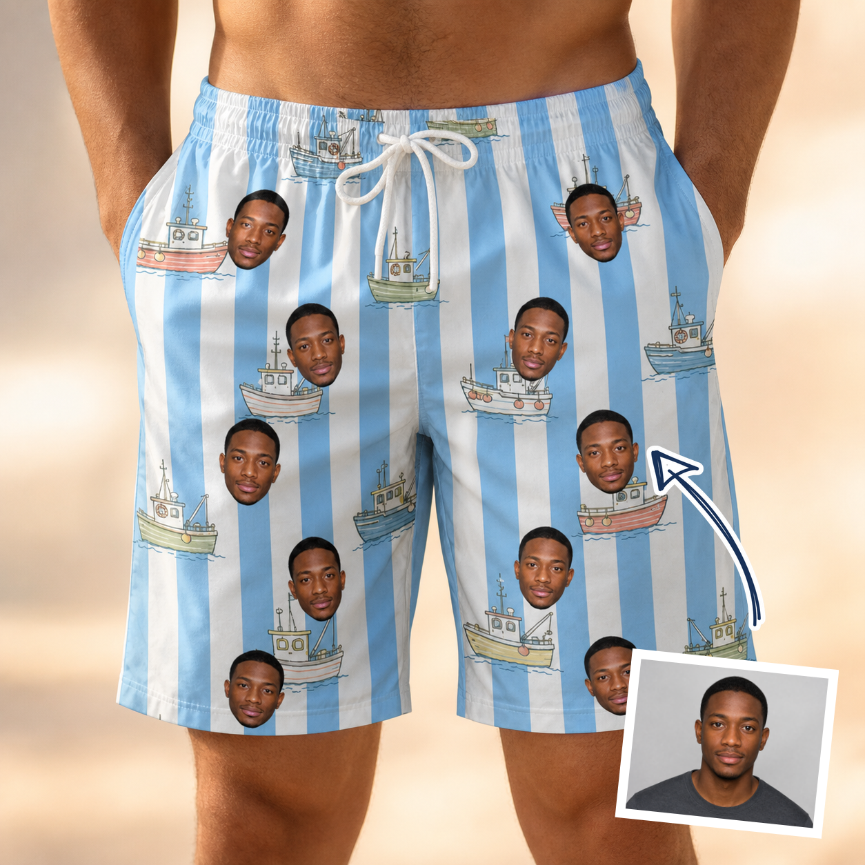 Man wearing Men's Dockside Drifters Custom Face Beach Shorts — custom faces printed all-over