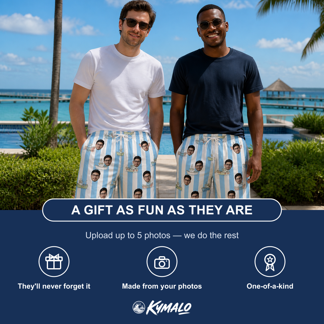Friends in matching Men's Dockside Drifters Custom Face Beach Shorts — a group gift photo