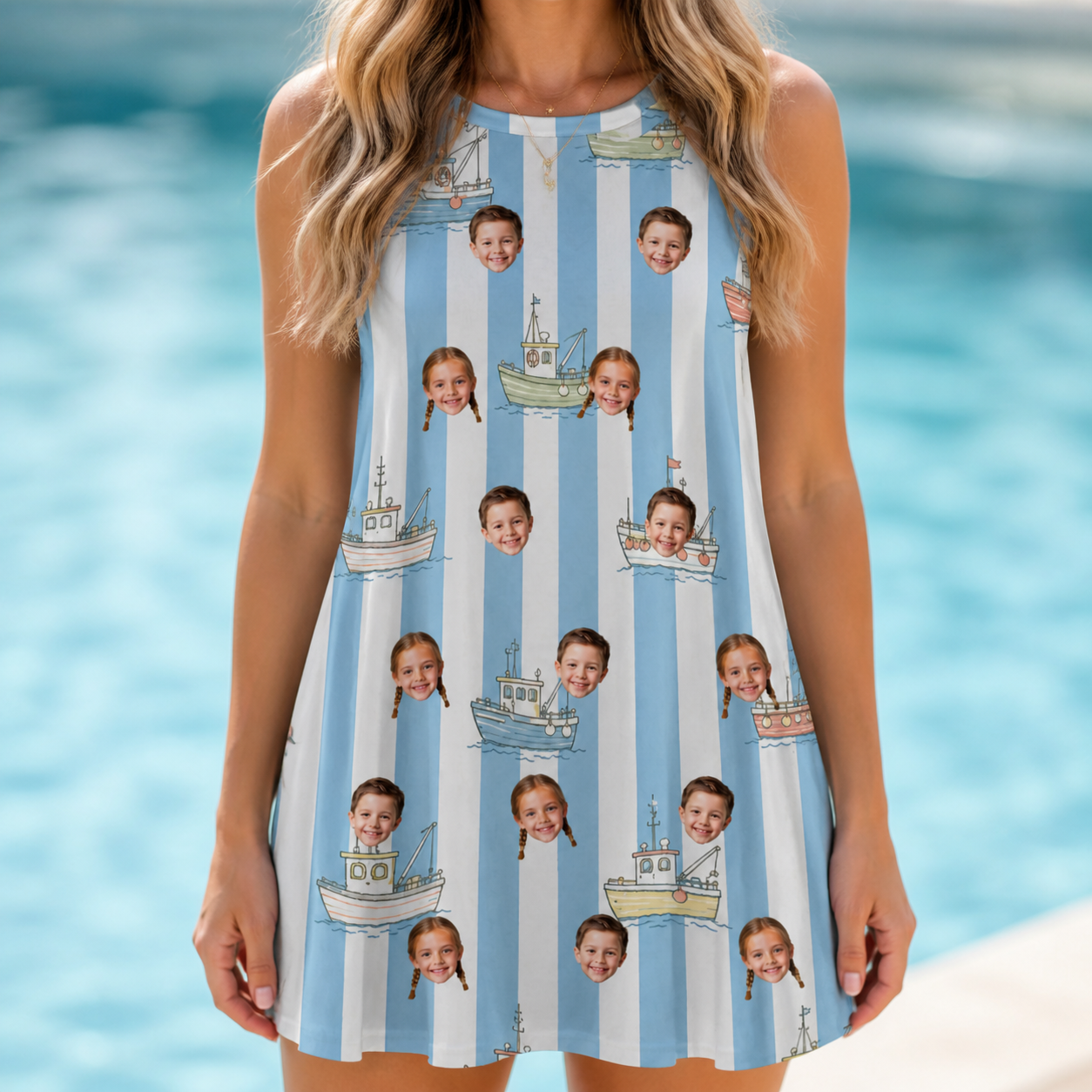 Model wearing Women's Dockside Drifters Custom Face Tank Dress printed with kids' faces