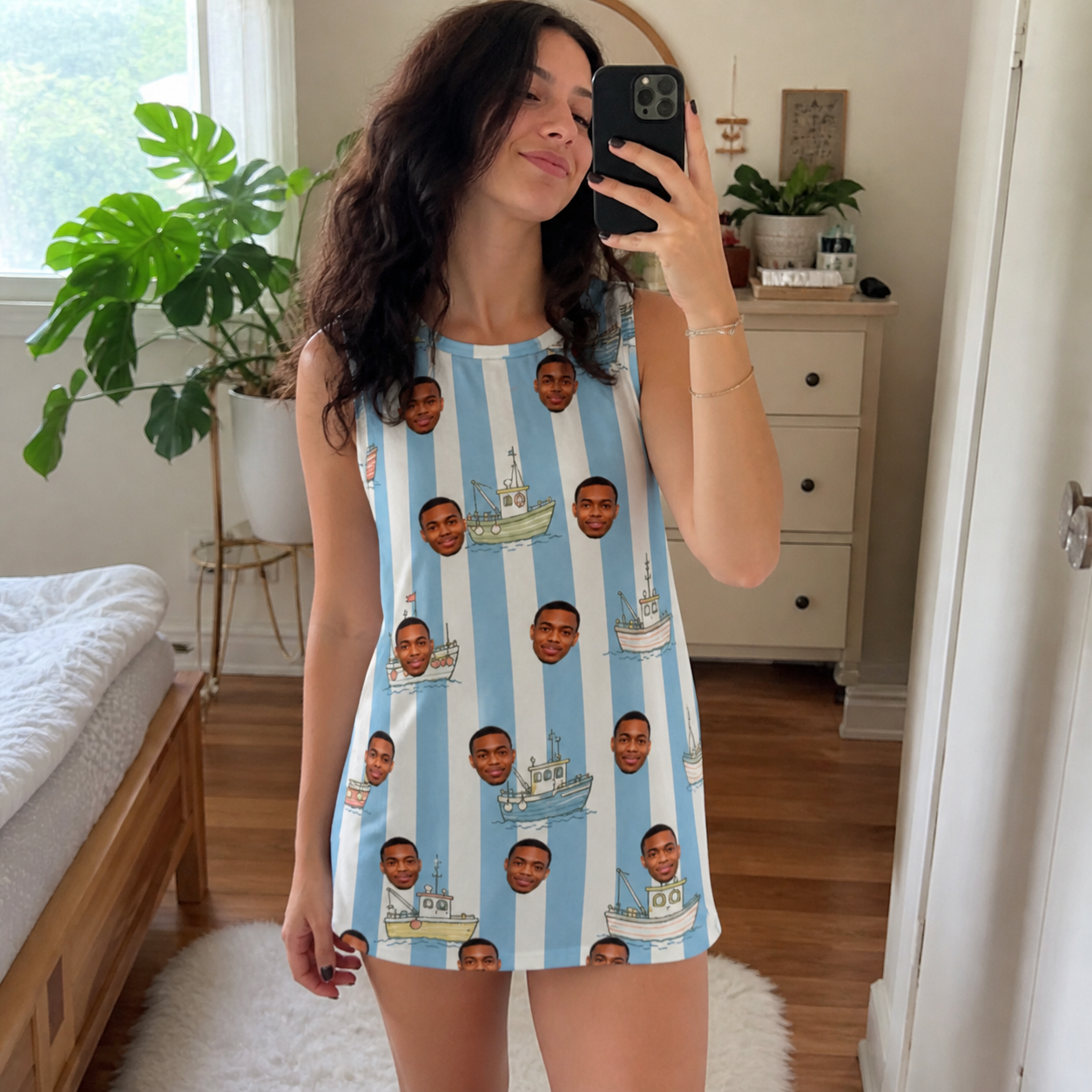 Real-life photo of someone wearing Women's Dockside Drifters Custom Face Tank Dress — custom faces printed all-over