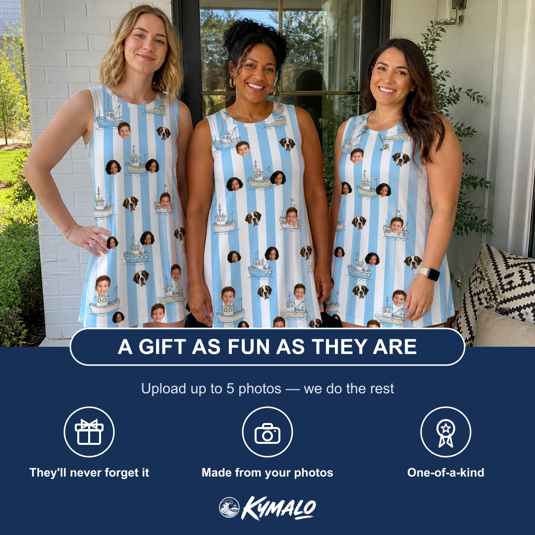 Friends in matching Women's Dockside Drifters Custom Face Tank Dress — a group gift photo