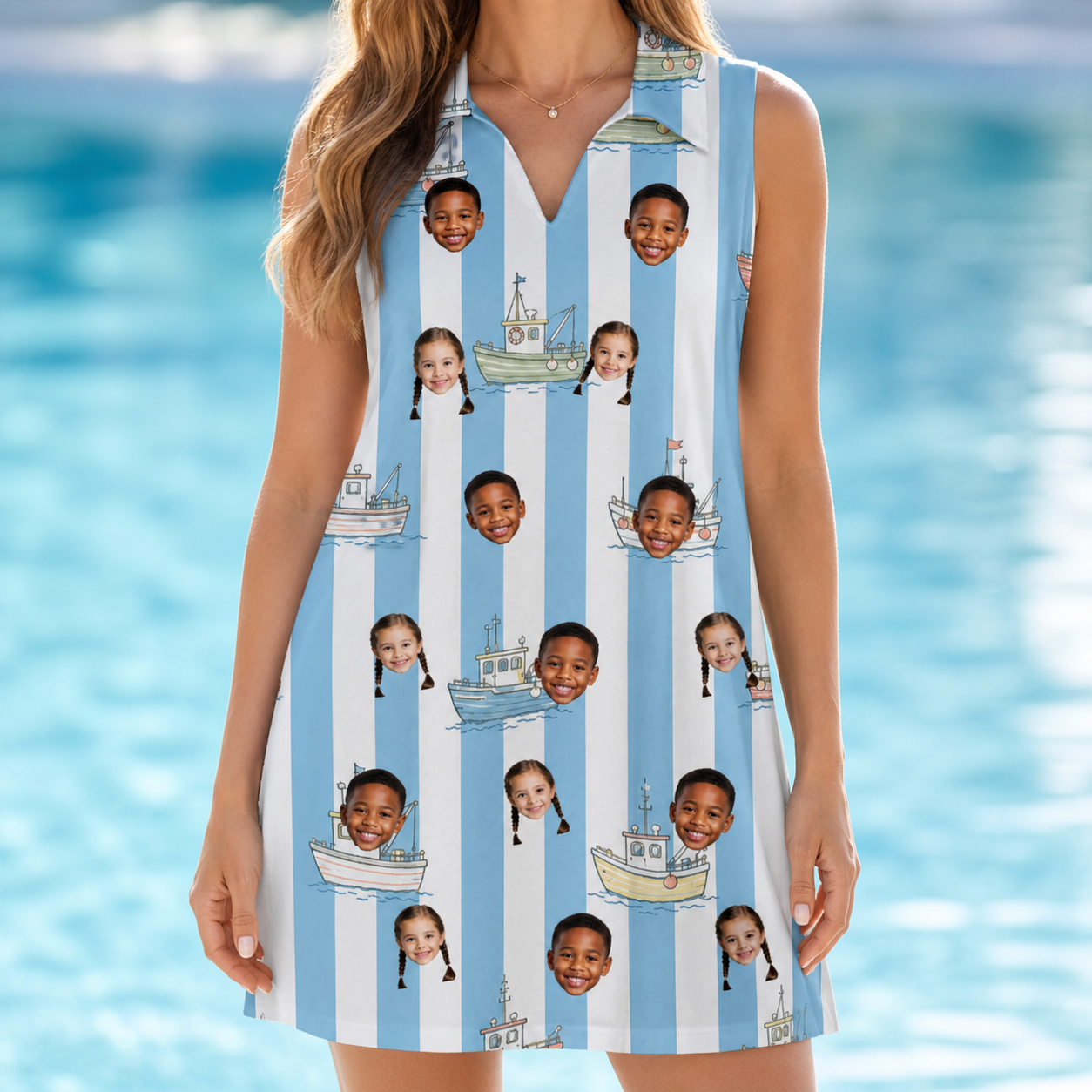 Model wearing Women's Dockside Drifters Custom Face V-Neck Dress printed with kids' faces
