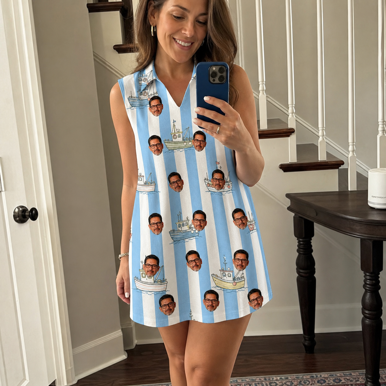 Real-life photo of someone wearing Women's Dockside Drifters Custom Face V-Neck Dress — custom faces printed all-over