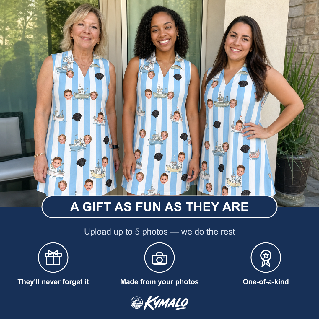 Friends in matching Women's Dockside Drifters Custom Face V-Neck Dress — a group gift photo