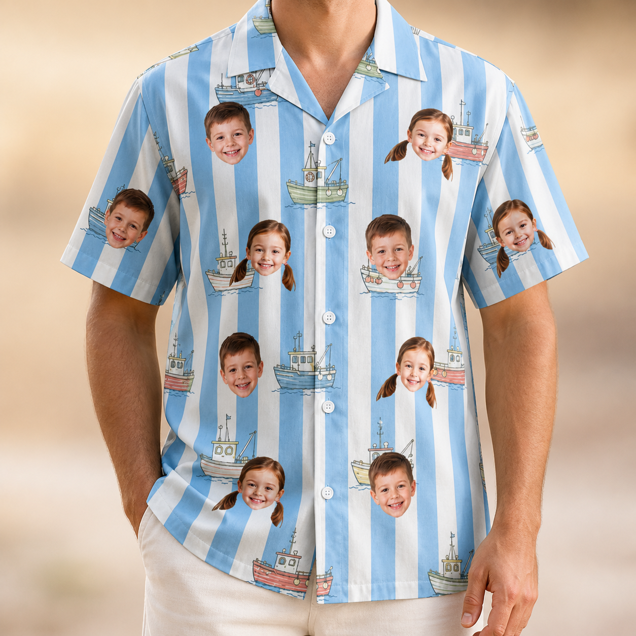 Model wearing Men's Dockside Drifters Custom Face Hawaiian Shirt printed with kids' faces