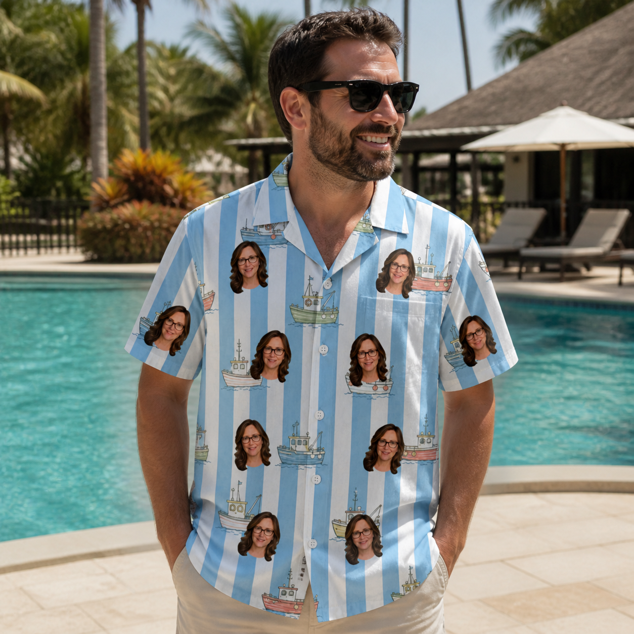 Real-life photo of someone wearing Men's Dockside Drifters Custom Face Hawaiian Shirt — custom faces printed all-over