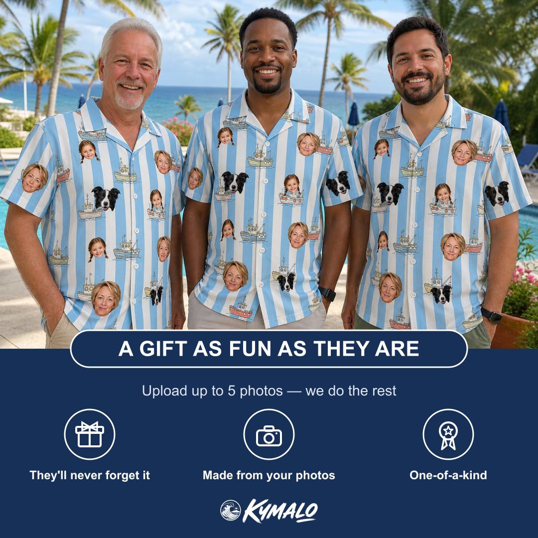 Friends in matching Men's Dockside Drifters Custom Face Hawaiian Shirt — a group gift photo