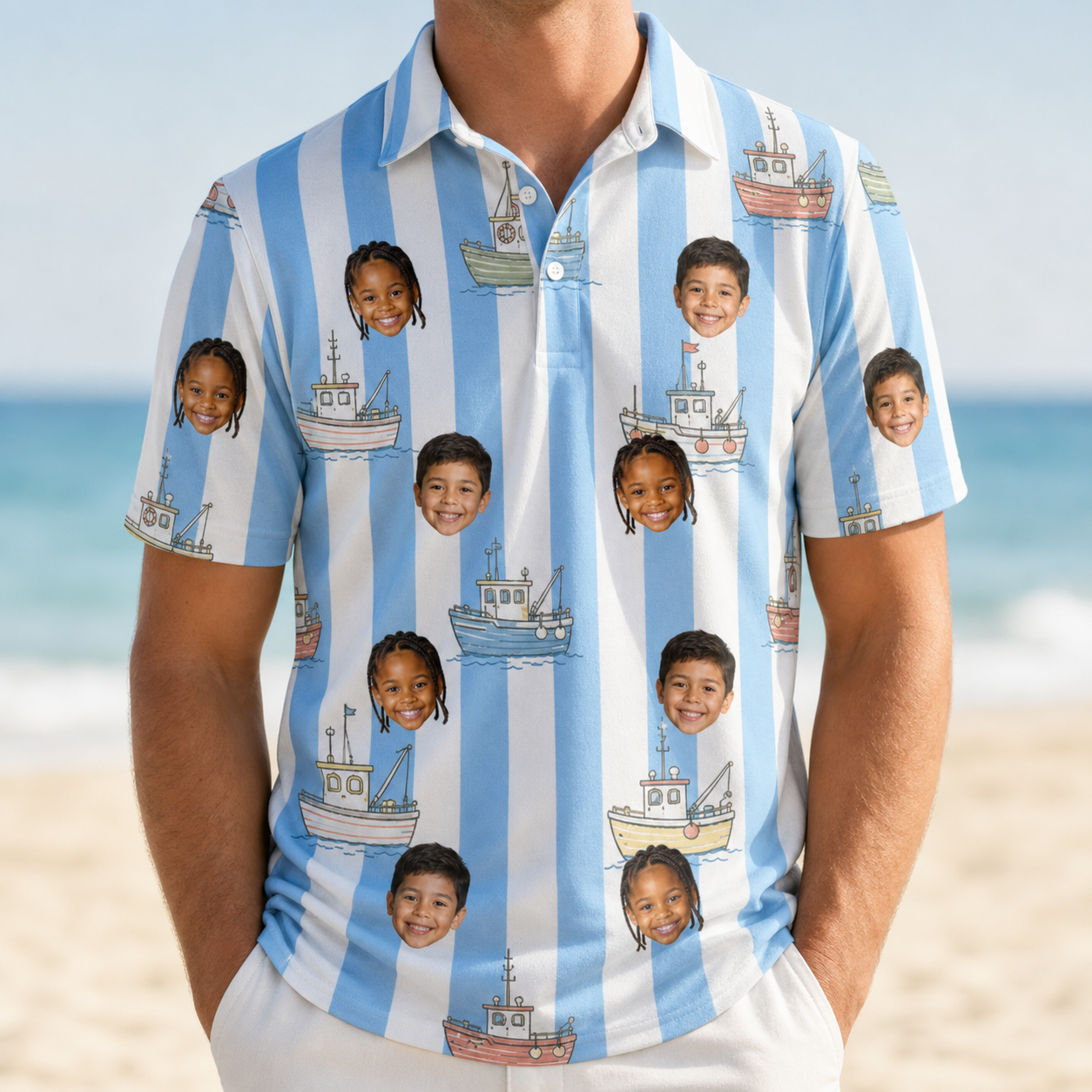 Model wearing Men's Dockside Drifters Custom Face Polo Shirt printed with kids' faces