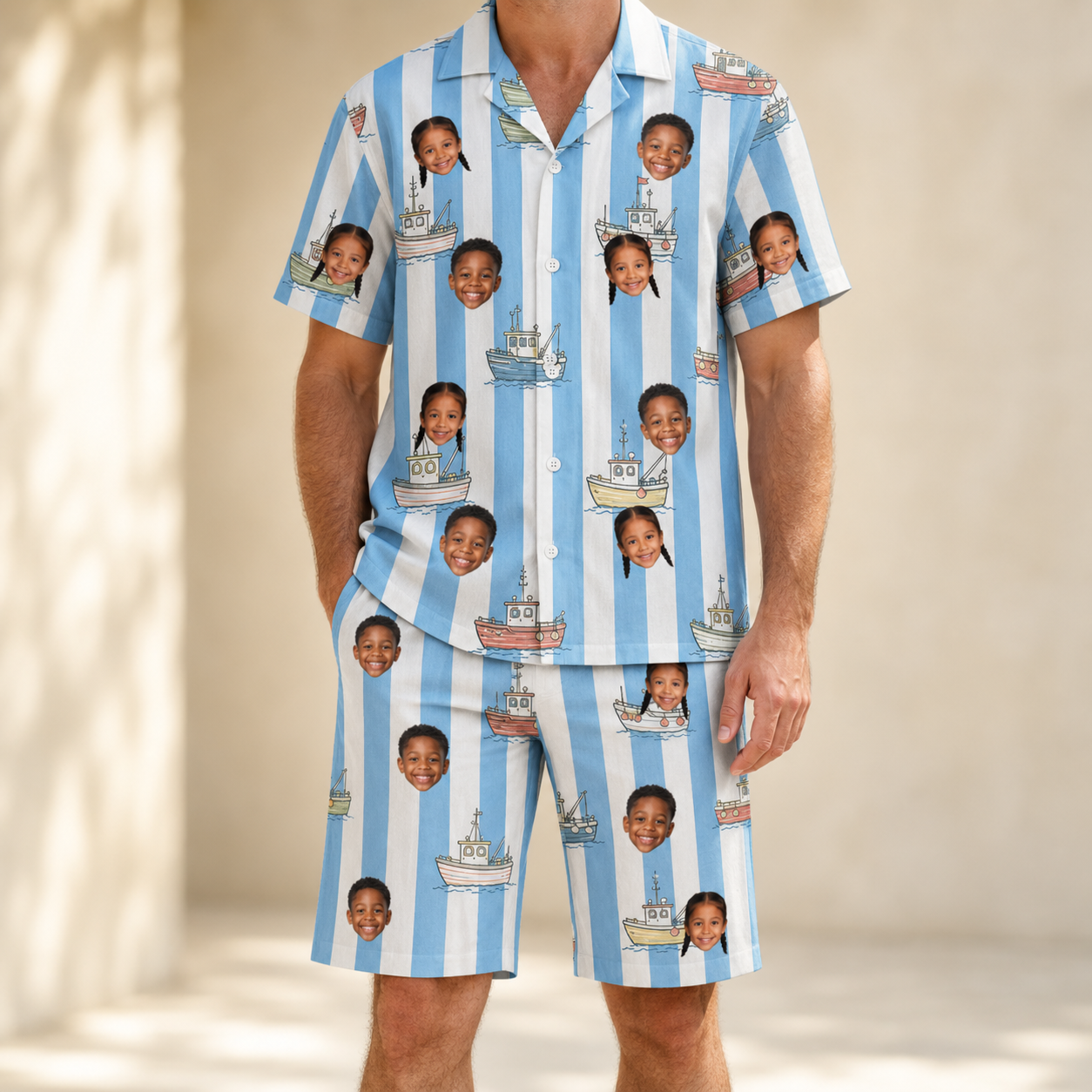 Model wearing Men's Dockside Drifters Custom Face Shirt & Shorts Set printed with kids' faces