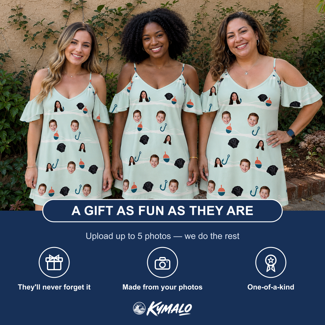 Friends in matching Women's Angler Angles Custom Face Off-Shoulder Dress — a group gift photo