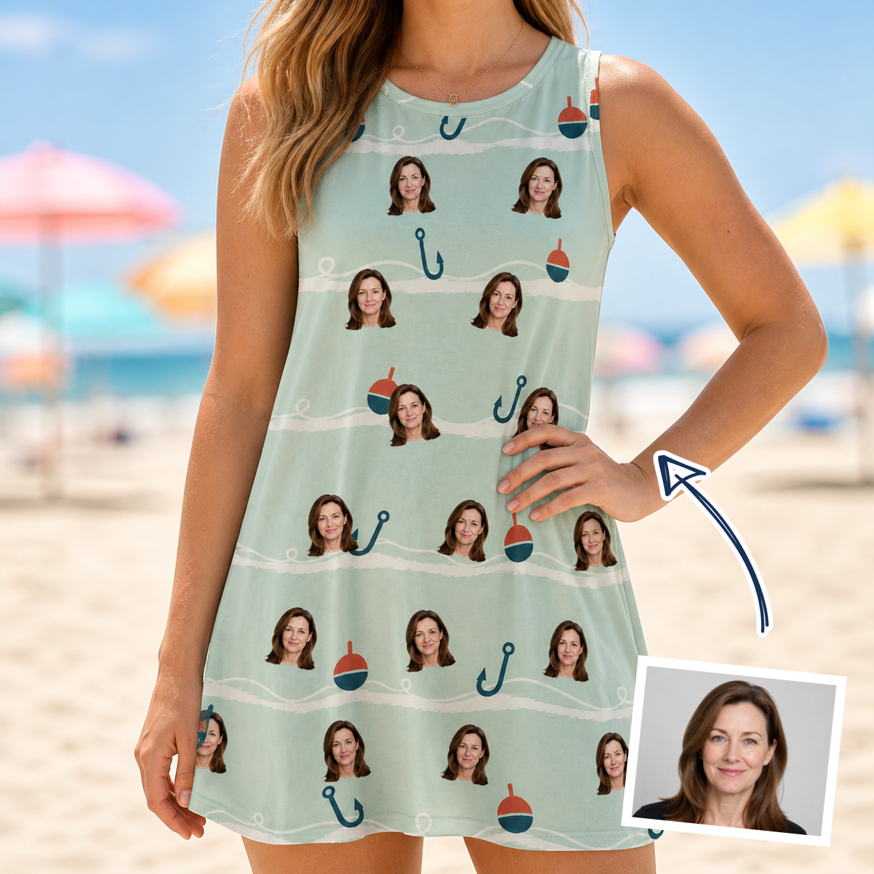 Woman wearing Women's Angler Angles Custom Face Tank Dress — custom faces printed all-over