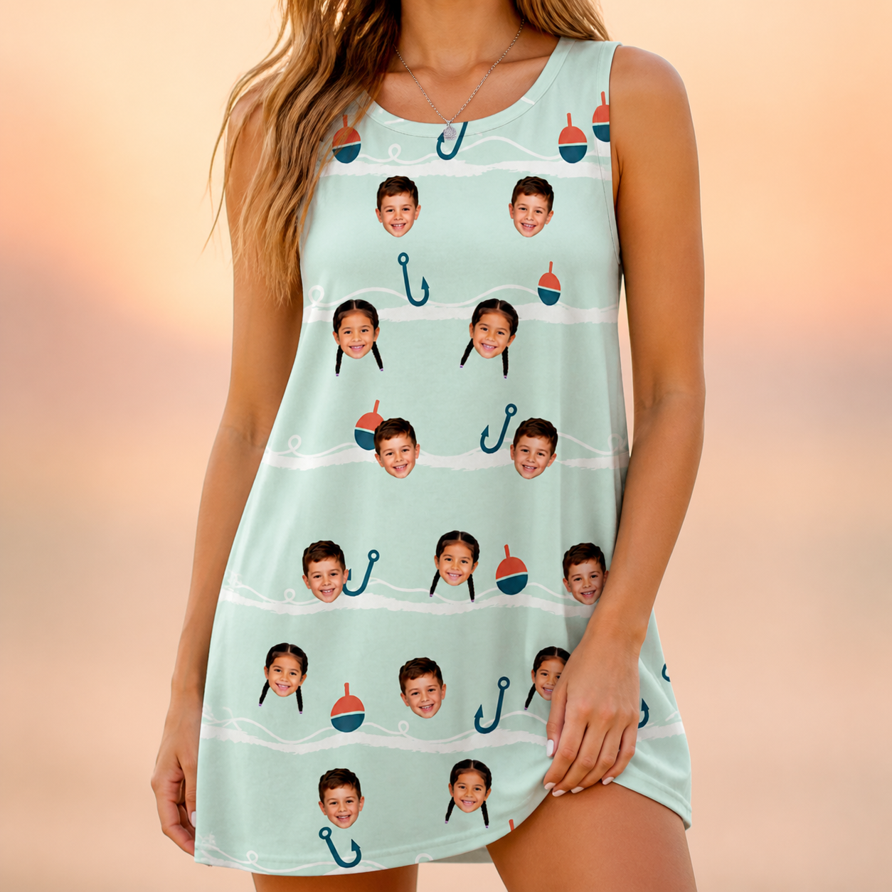 Model wearing Women's Angler Angles Custom Face Tank Dress printed with kids' faces