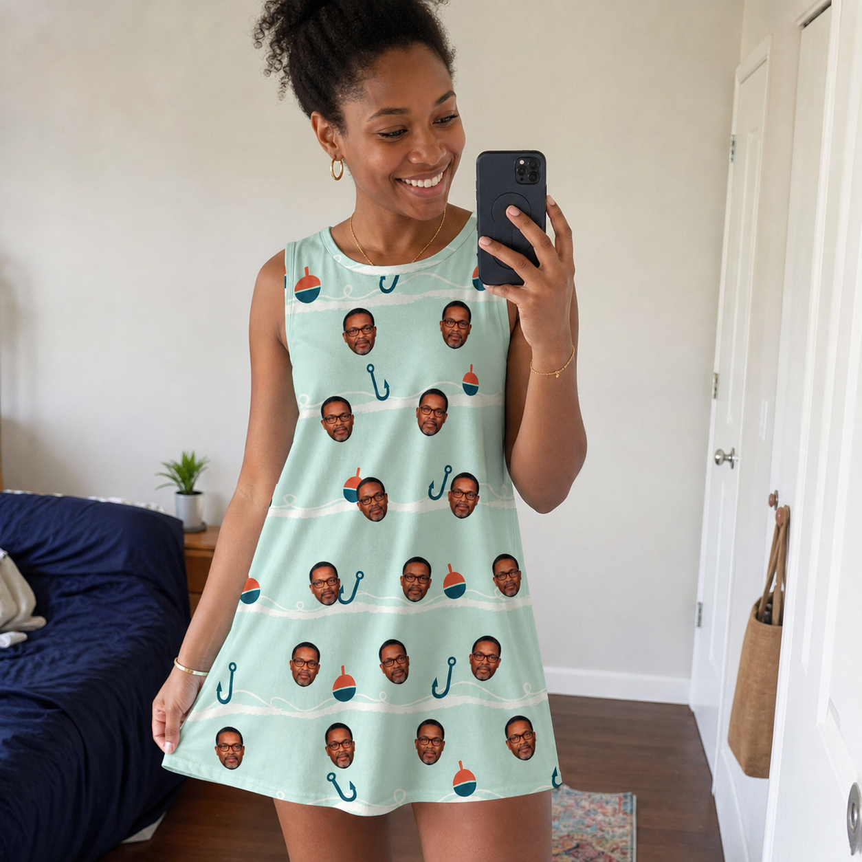 Real-life photo of someone wearing Women's Angler Angles Custom Face Tank Dress — custom faces printed all-over