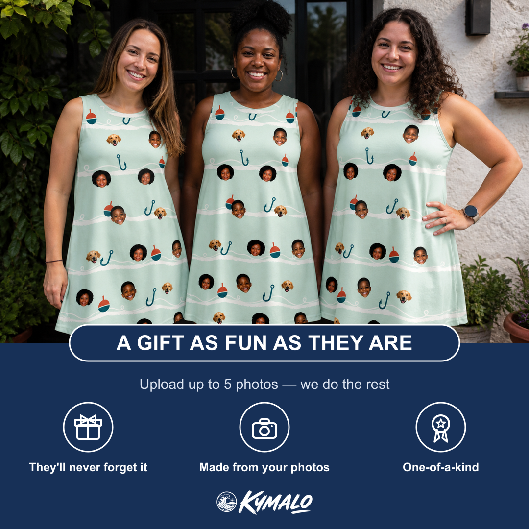 Friends in matching Women's Angler Angles Custom Face Tank Dress — a group gift photo