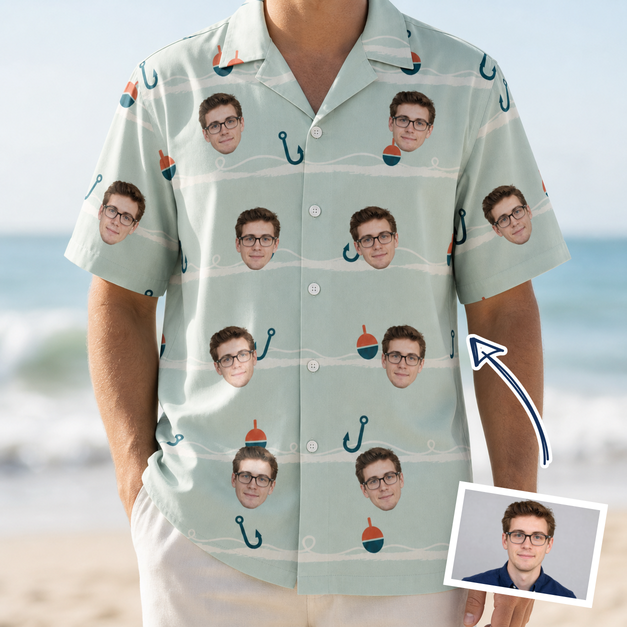 Man wearing Men's Angler Angles Custom Face Hawaiian Shirt — custom faces printed all-over