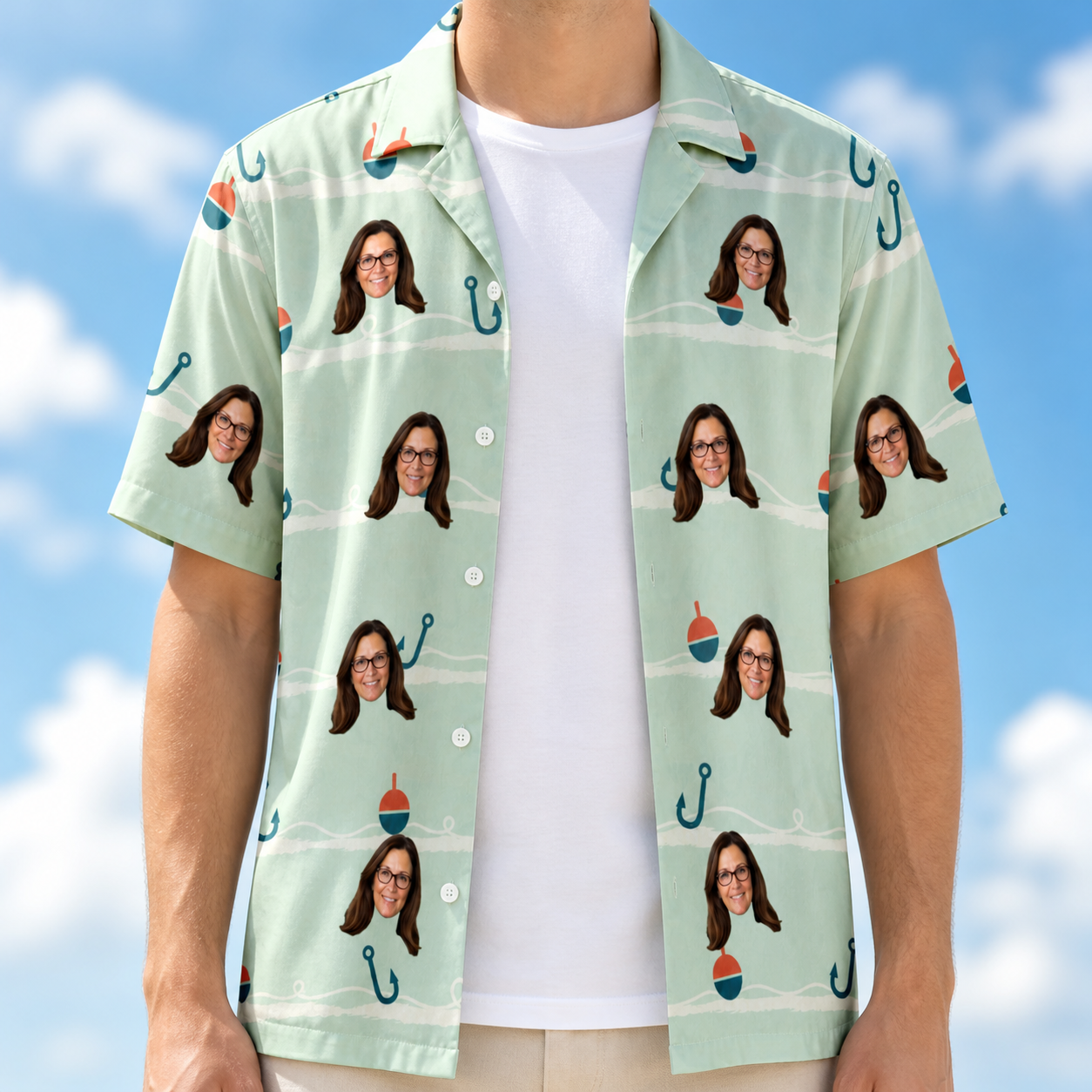 Man wearing Men's Angler Angles Custom Face Hawaiian Shirt open over a white tee
