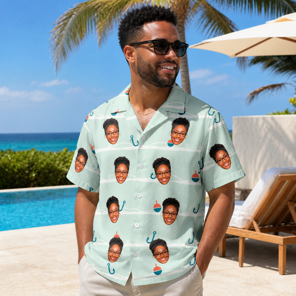 Real-life photo of someone wearing Men's Angler Angles Custom Face Hawaiian Shirt — custom faces printed all-over
