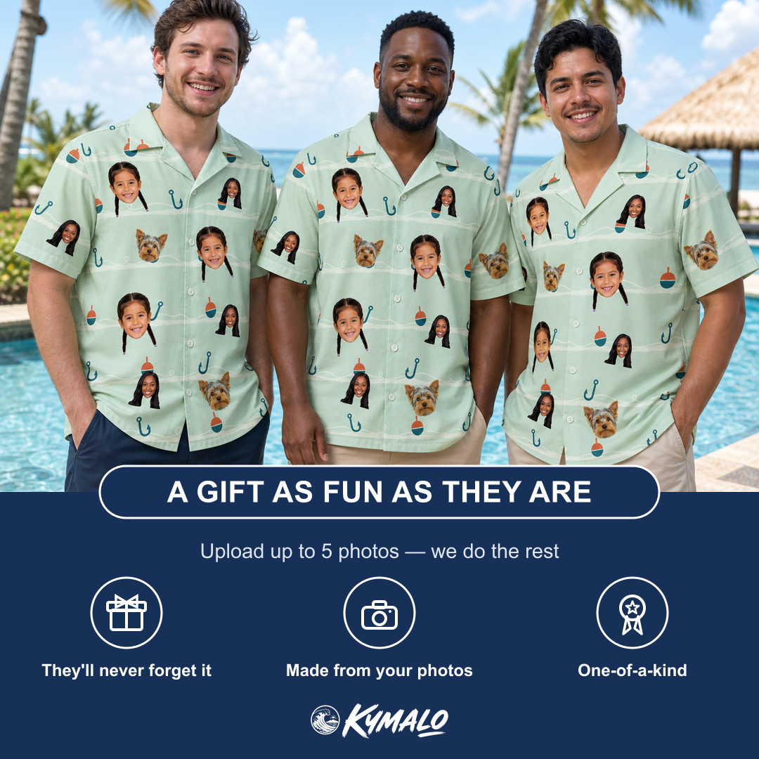 Friends in matching Men's Angler Angles Custom Face Hawaiian Shirt — a group gift photo