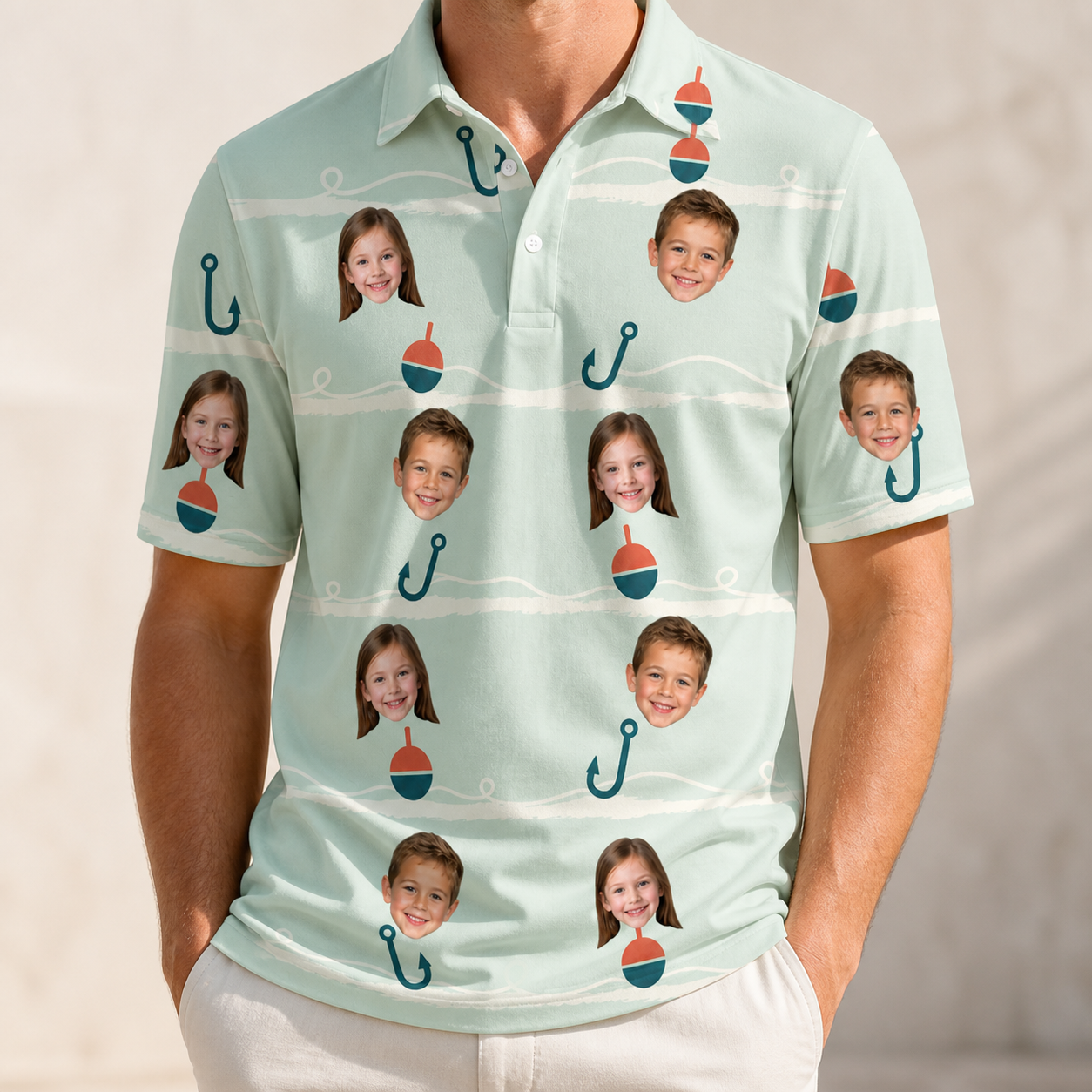 Model wearing Men's Angler Angles Custom Face Polo Shirt printed with kids' faces