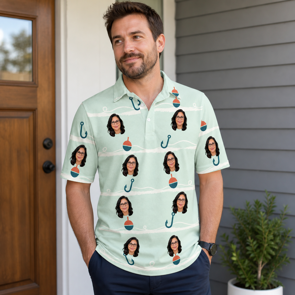 Real-life photo of someone wearing Men's Angler Angles Custom Face Polo Shirt — custom faces printed all-over