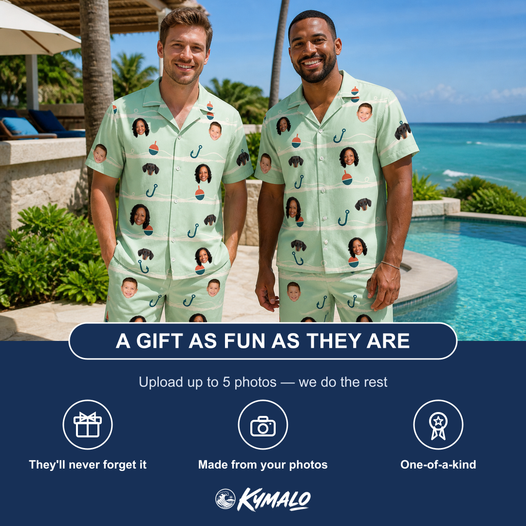 Friends in matching Men's Angler Angles Custom Face Shirt & Shorts Set — a group gift photo