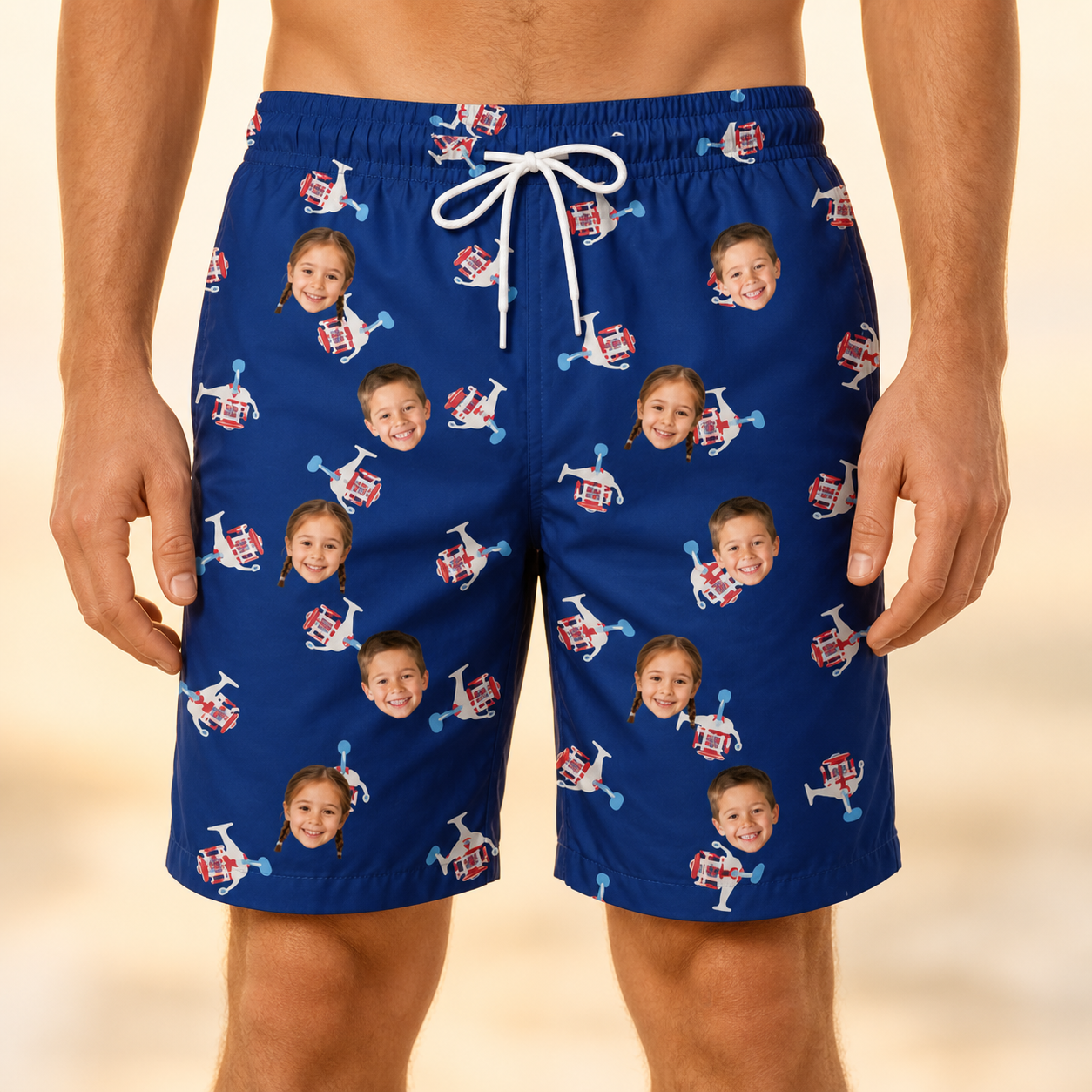 Model wearing Men's Reel Rapture Custom Face Beach Shorts printed with kids' faces